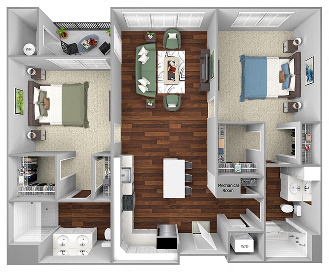 Floor plan for 2 beds, 2 baths, 1131 sqft